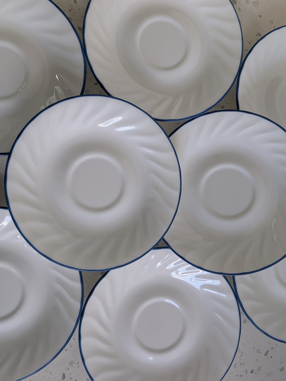 Corelle By Corning White Ceramic Saucers with Blue Rim - Set Of 8